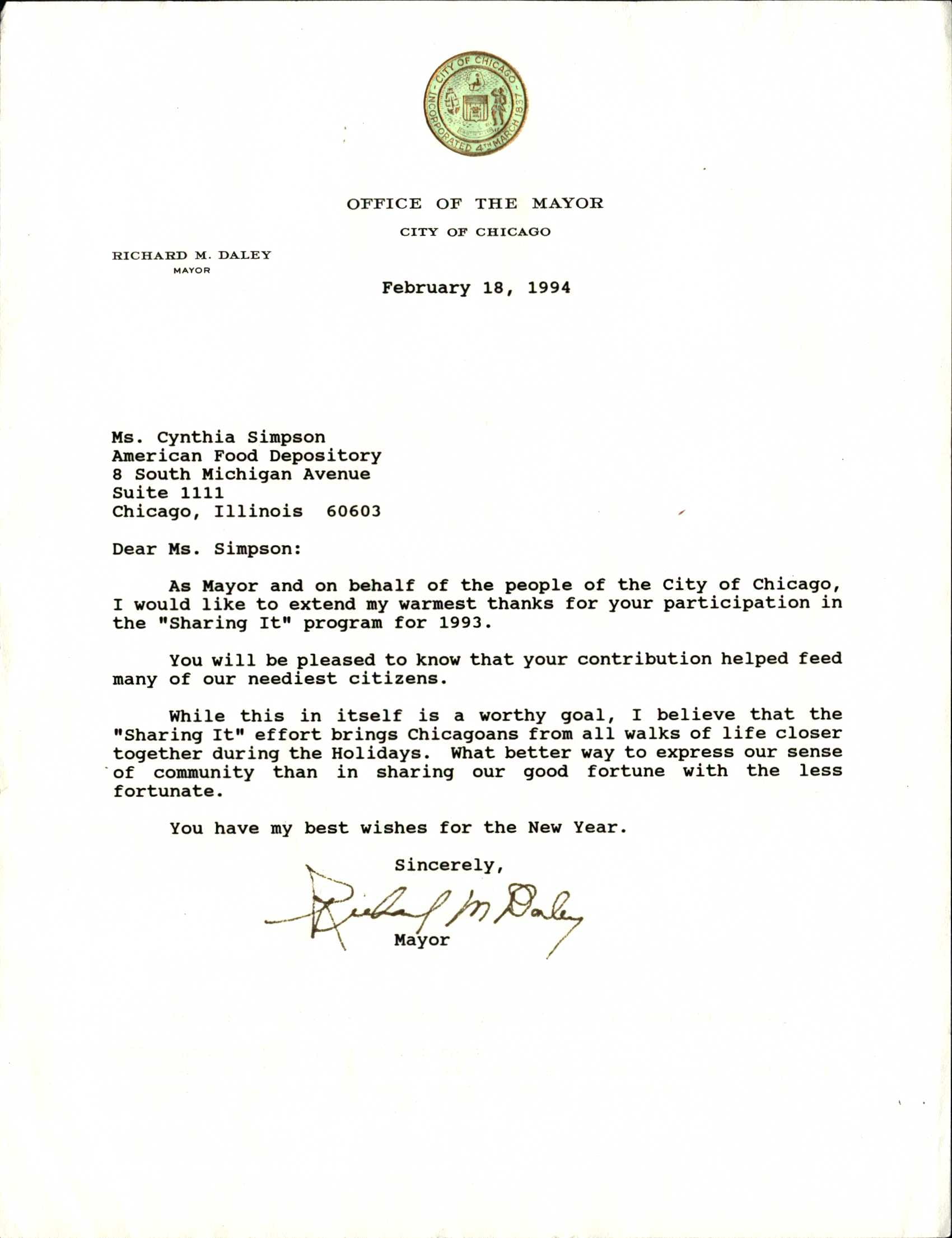 Letter of commendation from The Mayor of Chicago