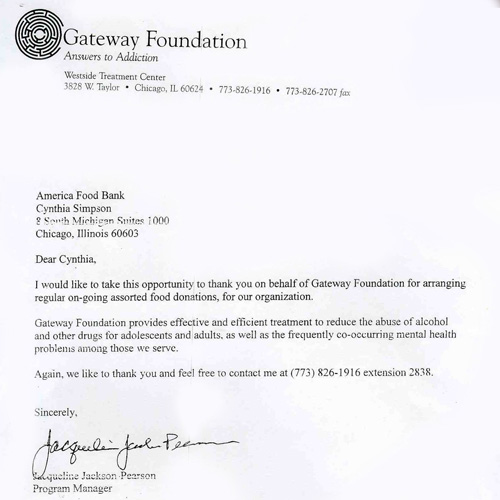 Letter of commendation from the Gateway Foundation