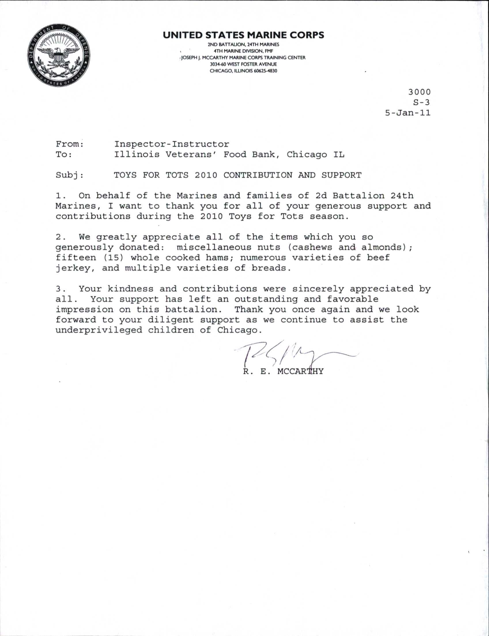 Letter of commendation from The Marine Corps