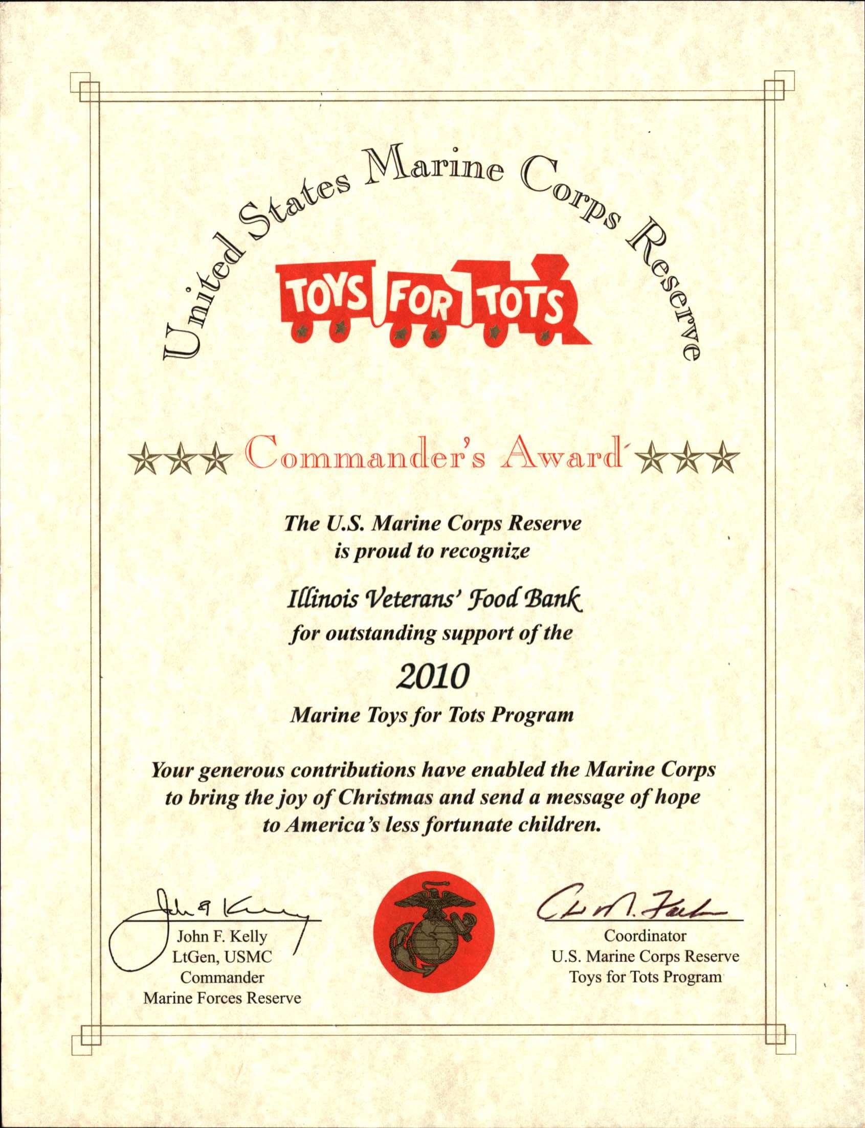 Certificate of Recognition from Toys for Tots
