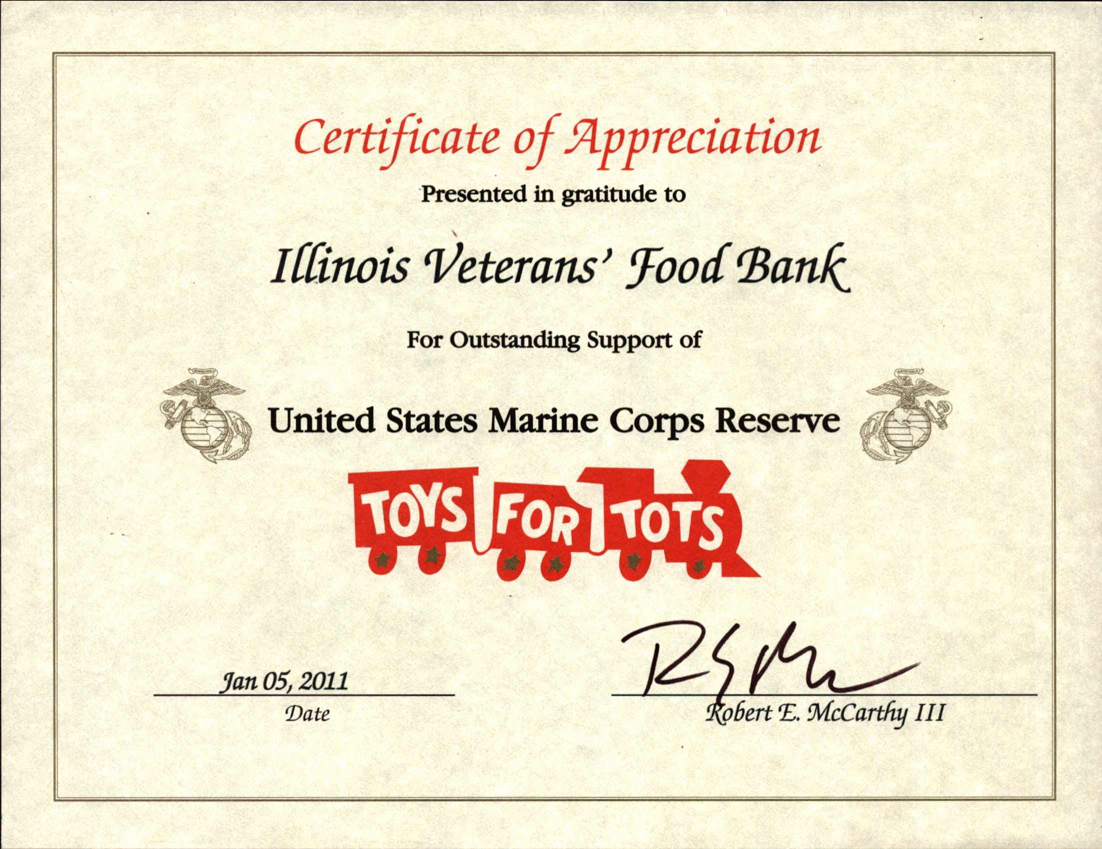 Certificate of Recognition from Toys for Tots
