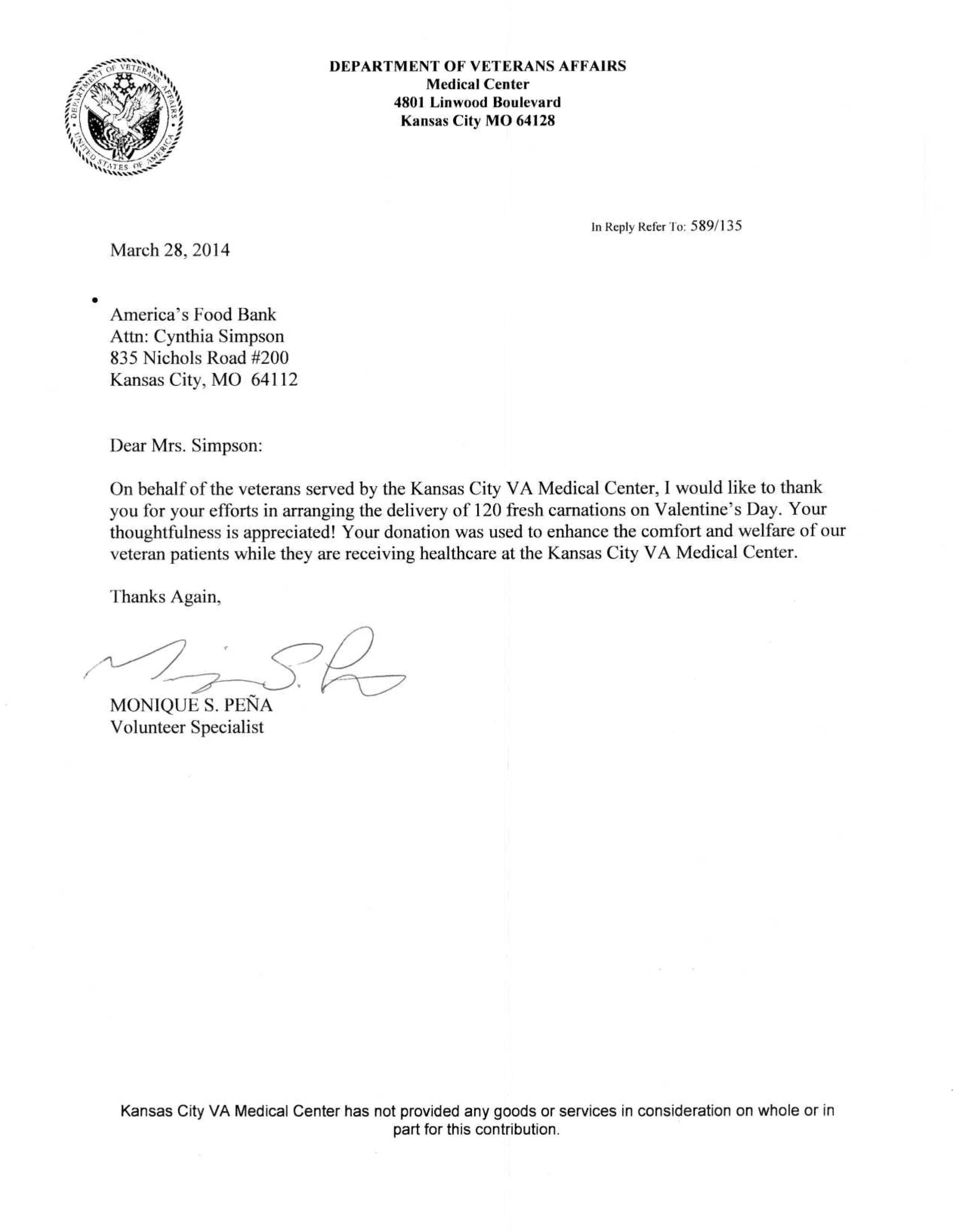 Letter of commendation from The Department of Veteran Affairs